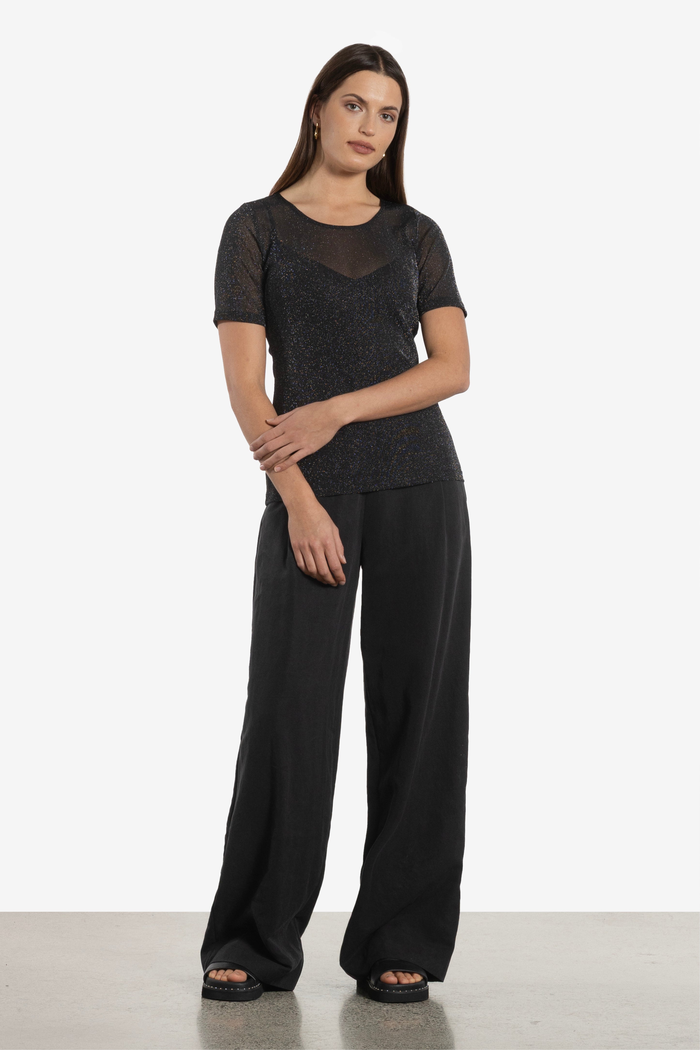 Jen Glitter Short Sleeve Mesh Layering Top