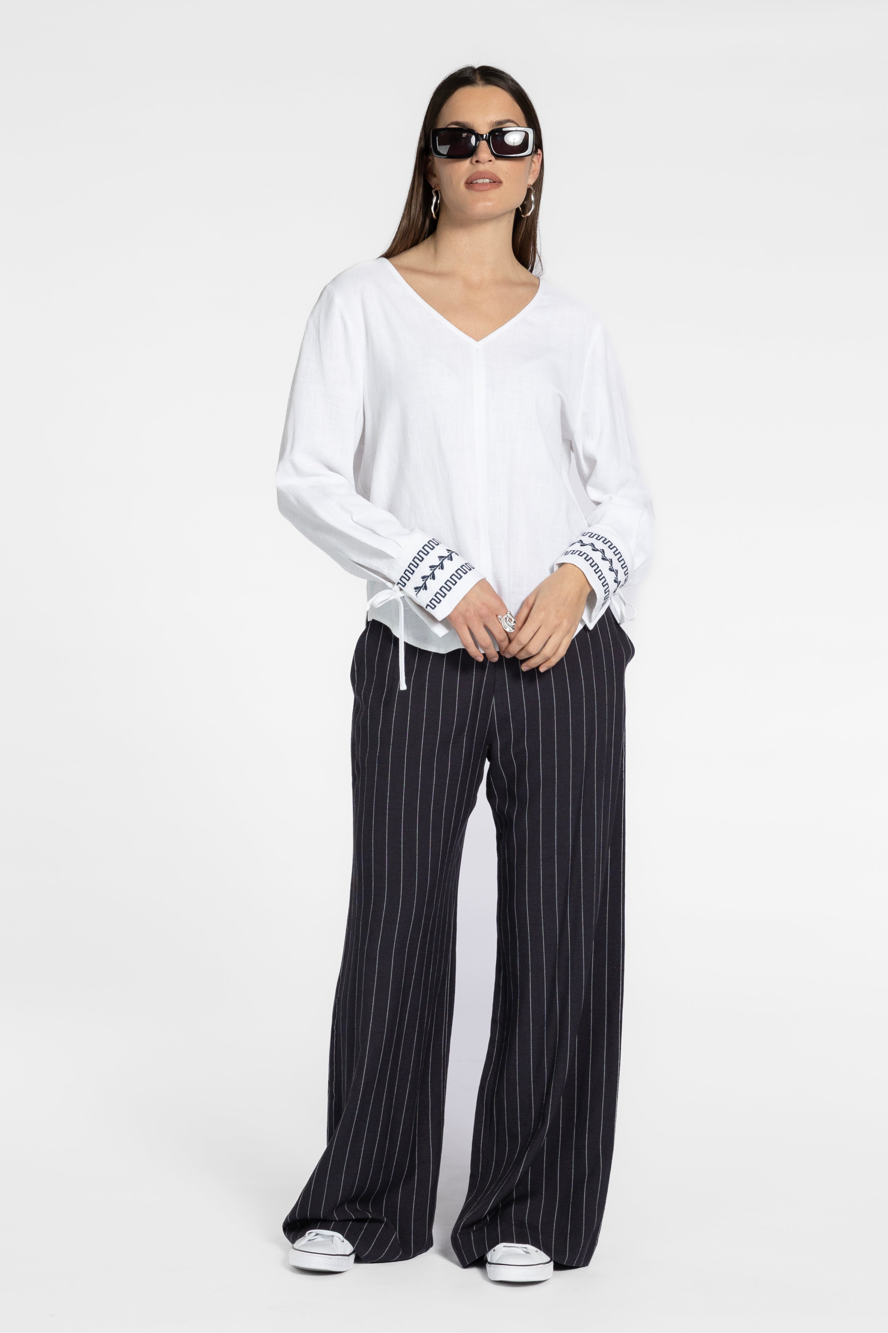 Pathos V-Neck Embroidered Cuff Shirt