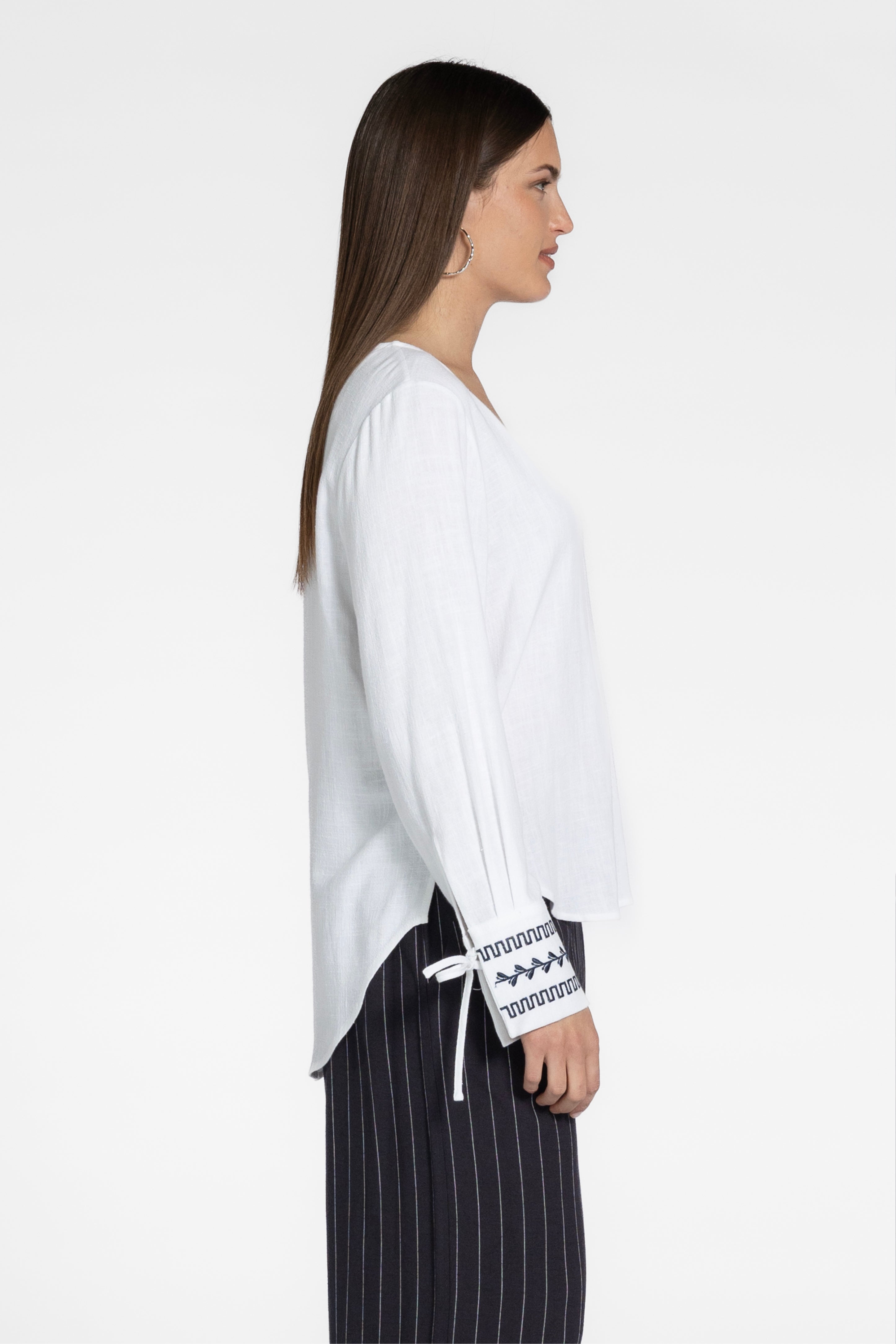 Pathos V-Neck Embroidered Cuff Shirt