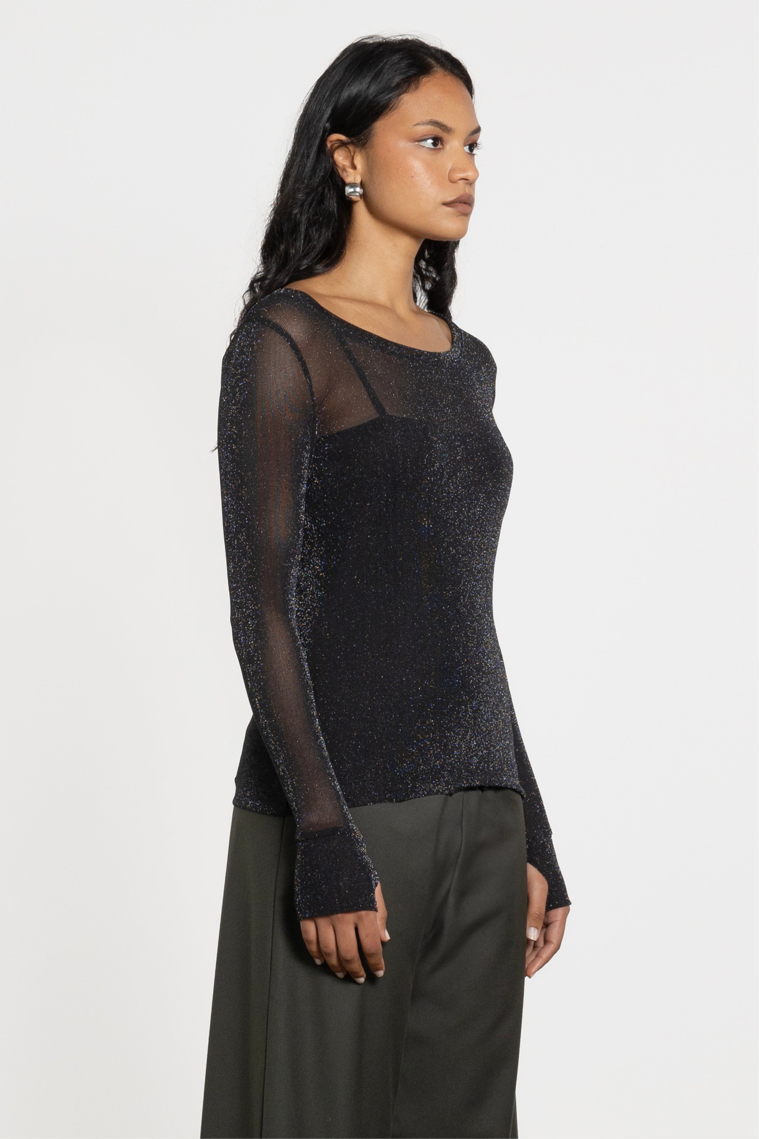 Siri Glitter Long Sleeve Mesh Layering Top