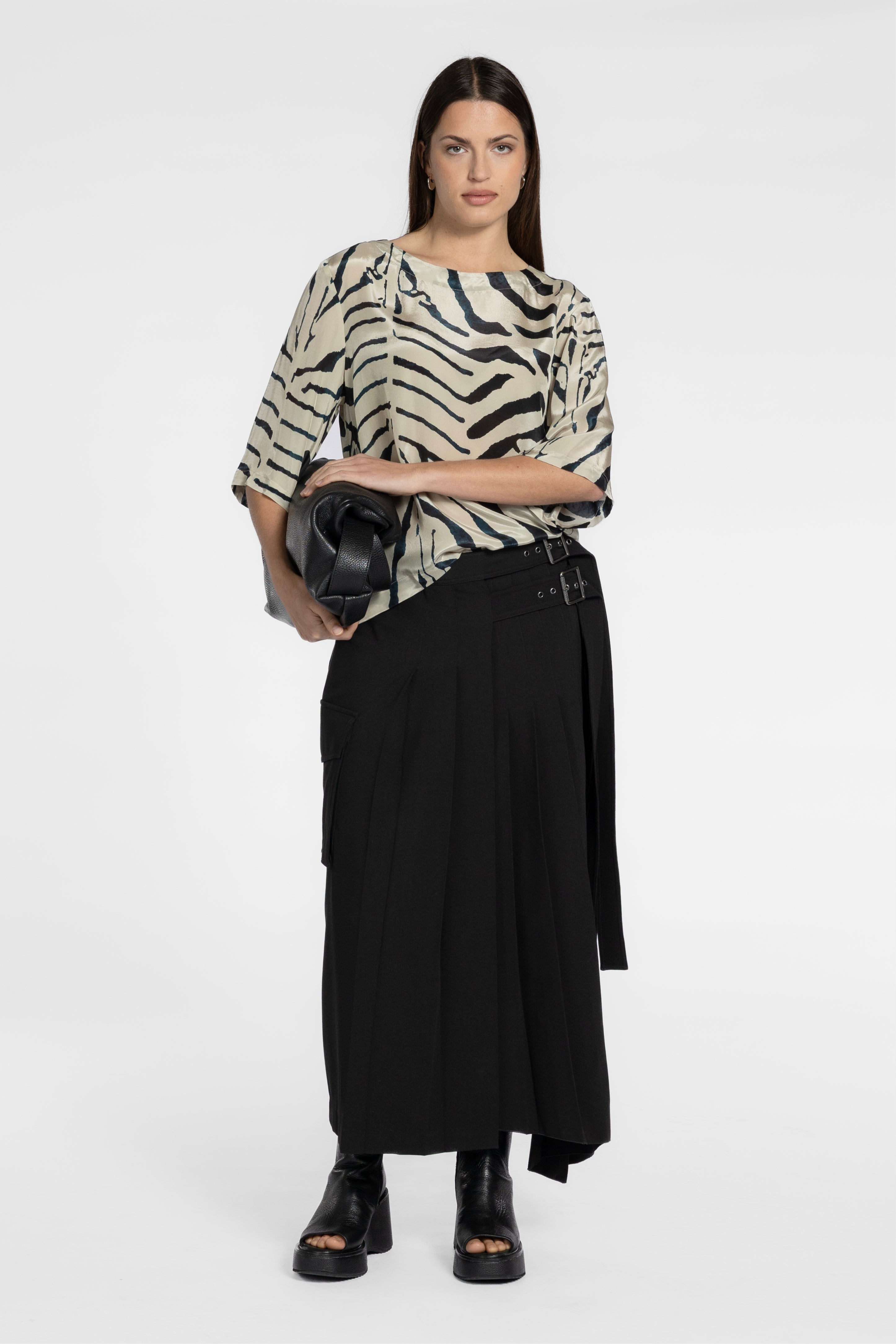 Warrick Asymmetric Pleated Long Skirt