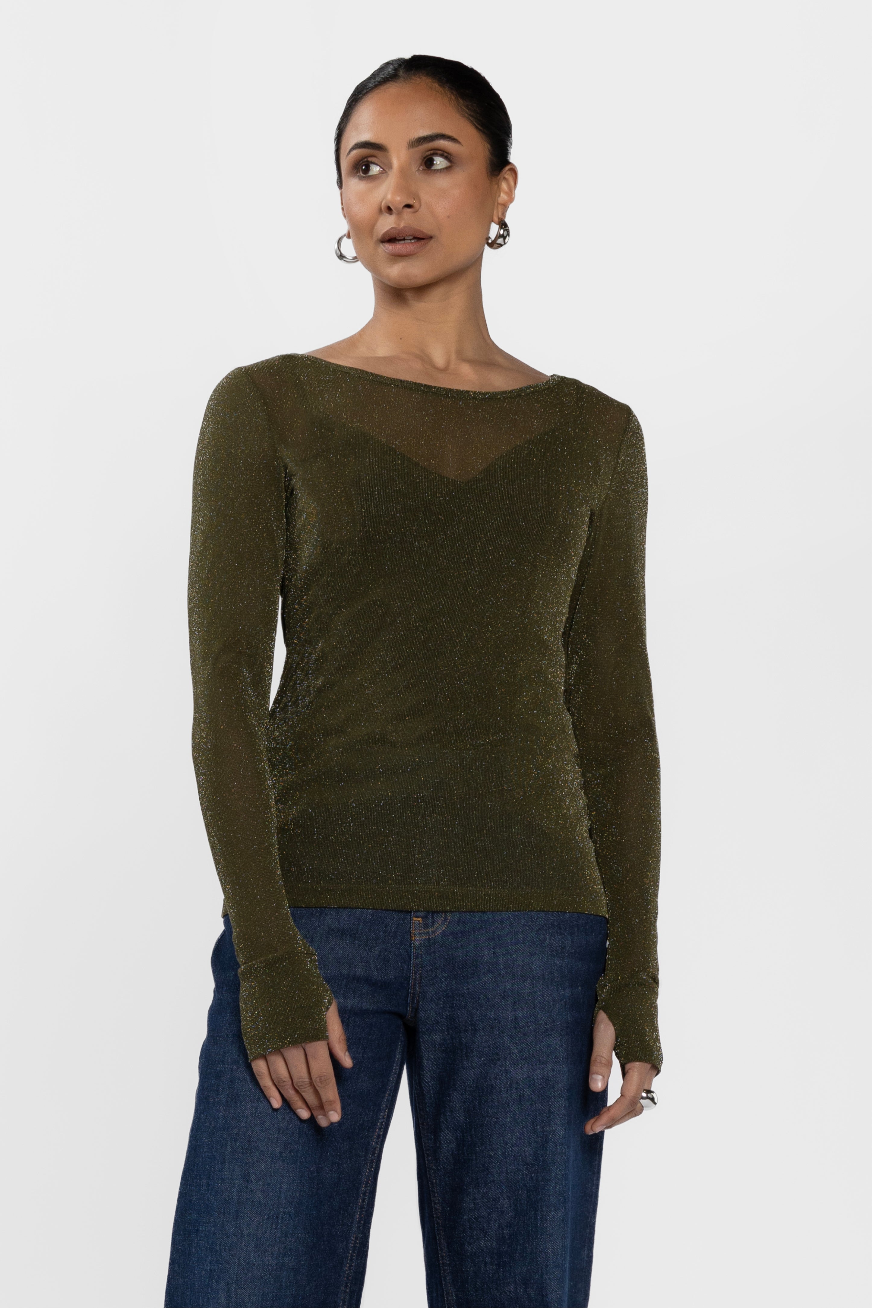 Siri Glitter Long Sleeve Mesh Layering Top