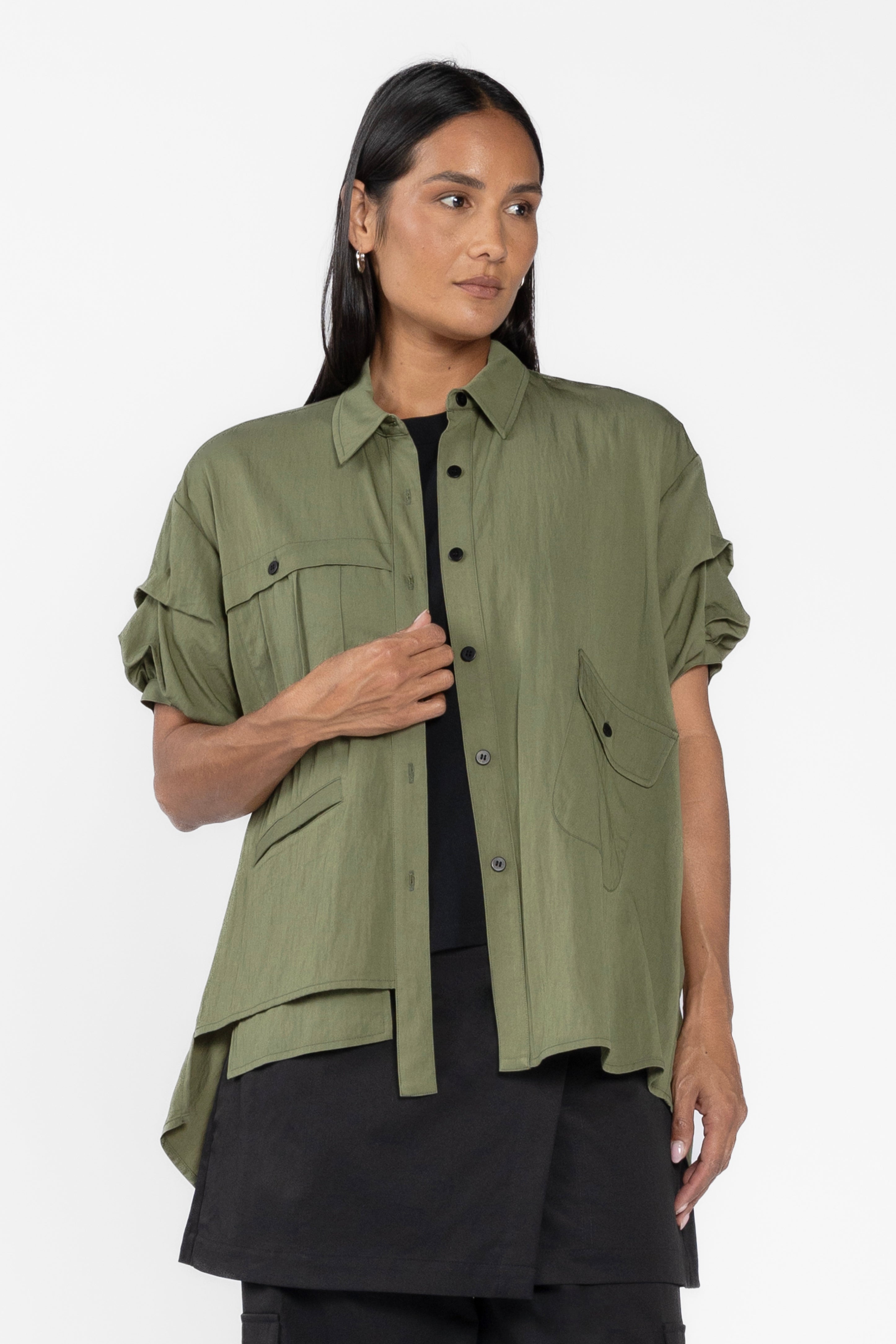 Sonic Asymmetric Short Sleeve Shirt - Olive