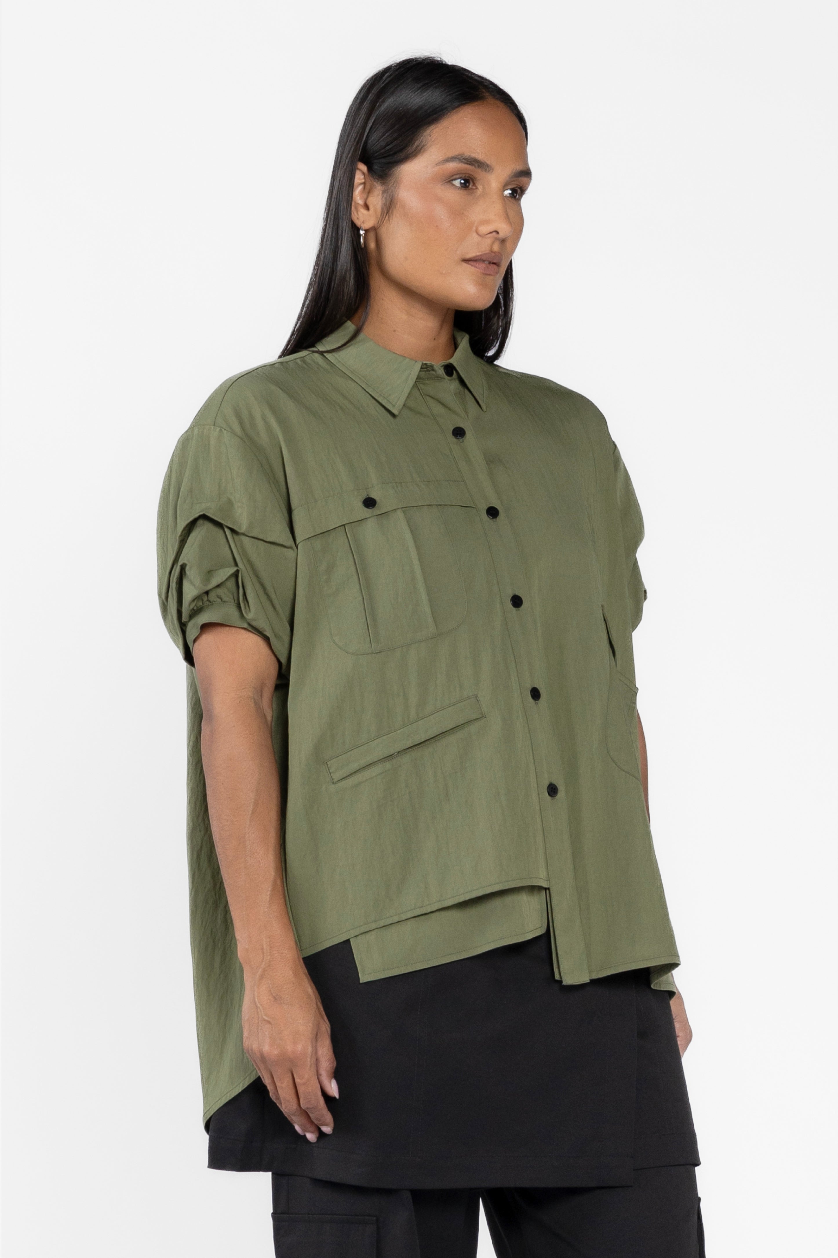 Sonic Asymmetric Short Sleeve Shirt - Olive