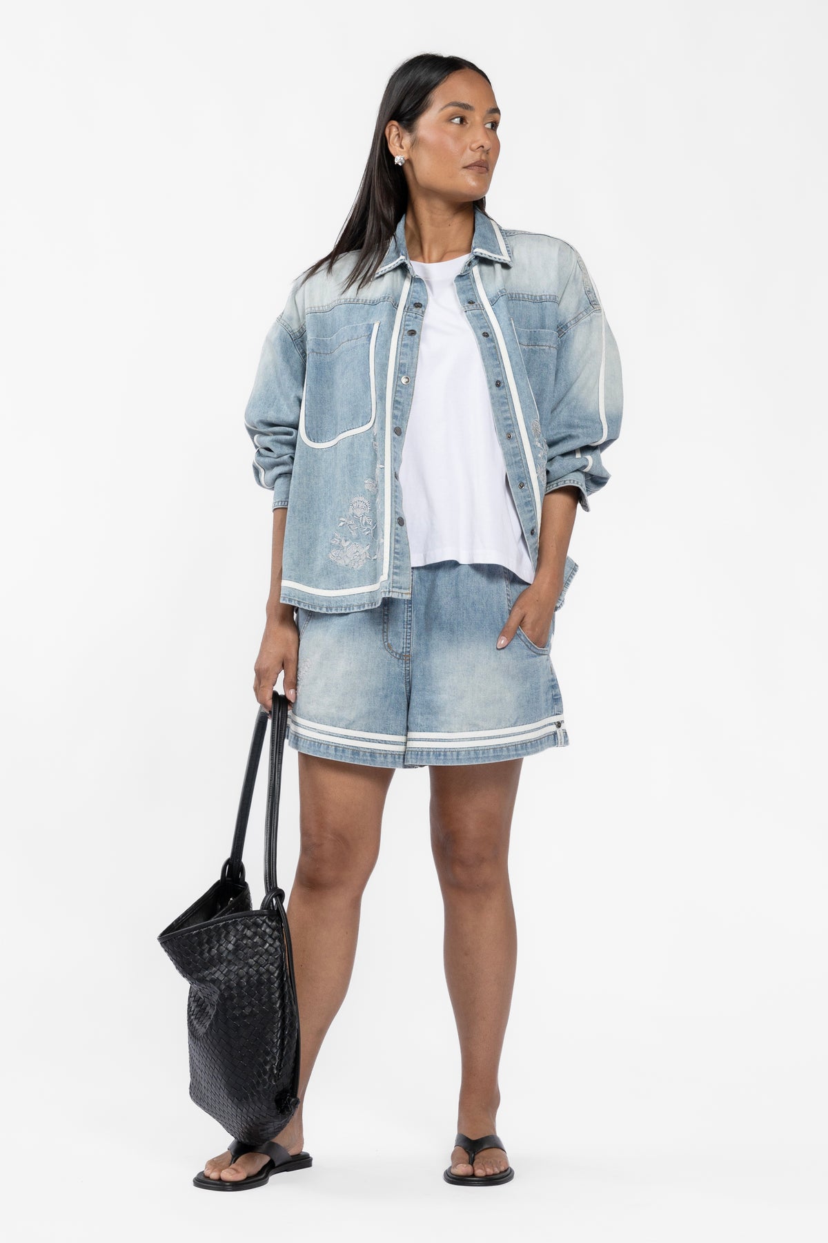 Folklore Embroidered High Waist Denim Shorts