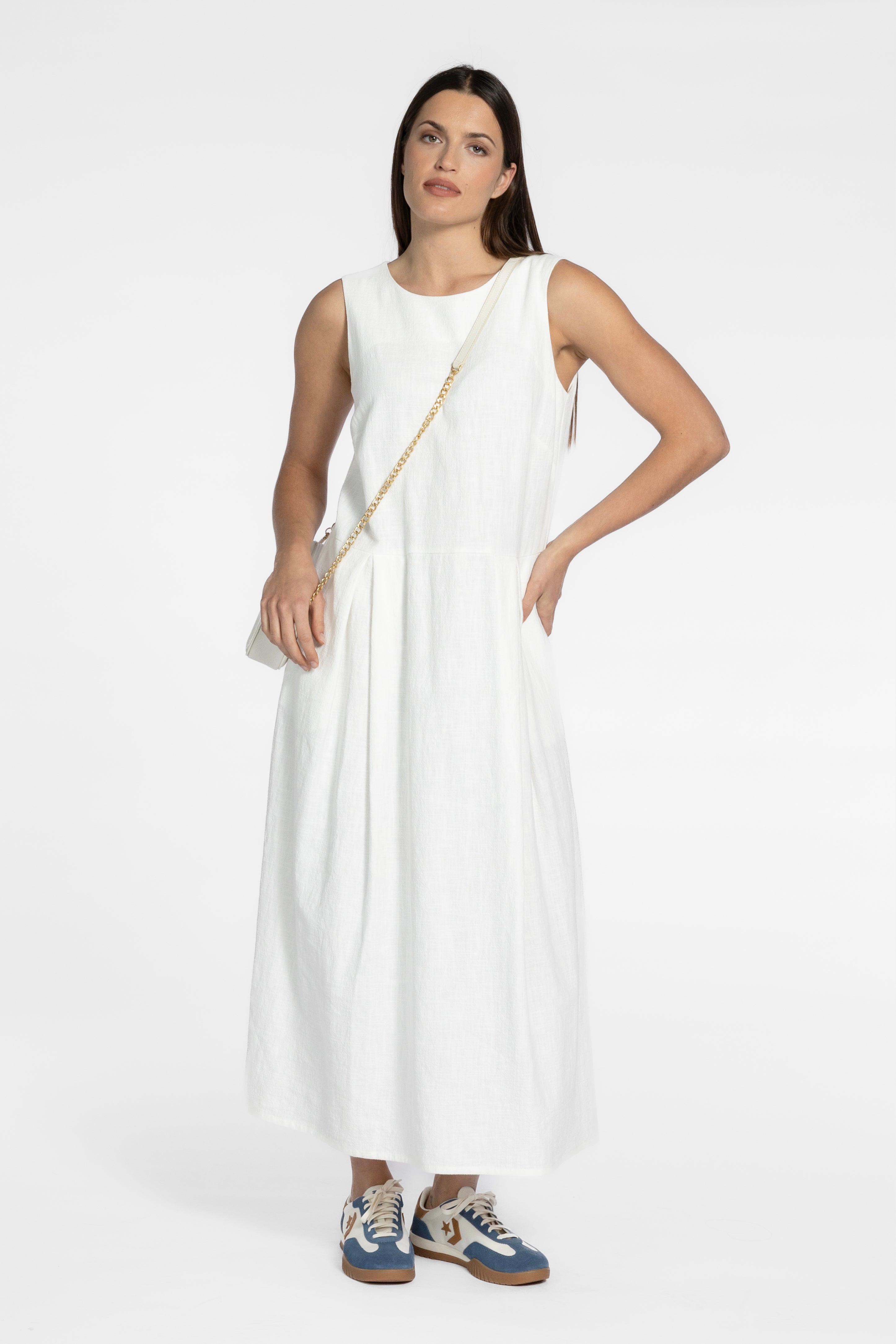 athena women's fit & flare one piece midi dress reviews Athena Fit And Flare Lined Dress in Blue, White | Repertoire