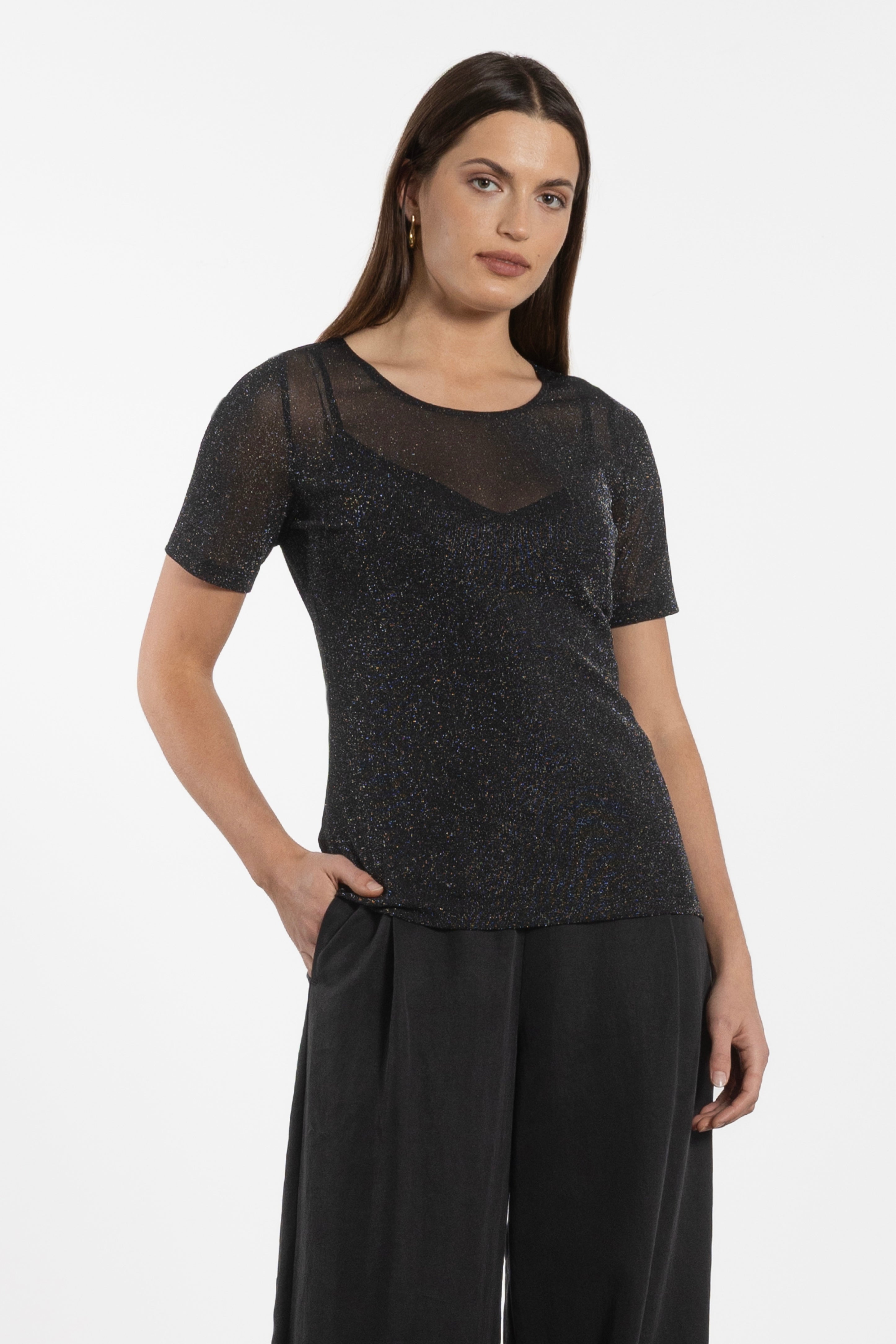 Jen Glitter Short Sleeve Mesh Layering Top