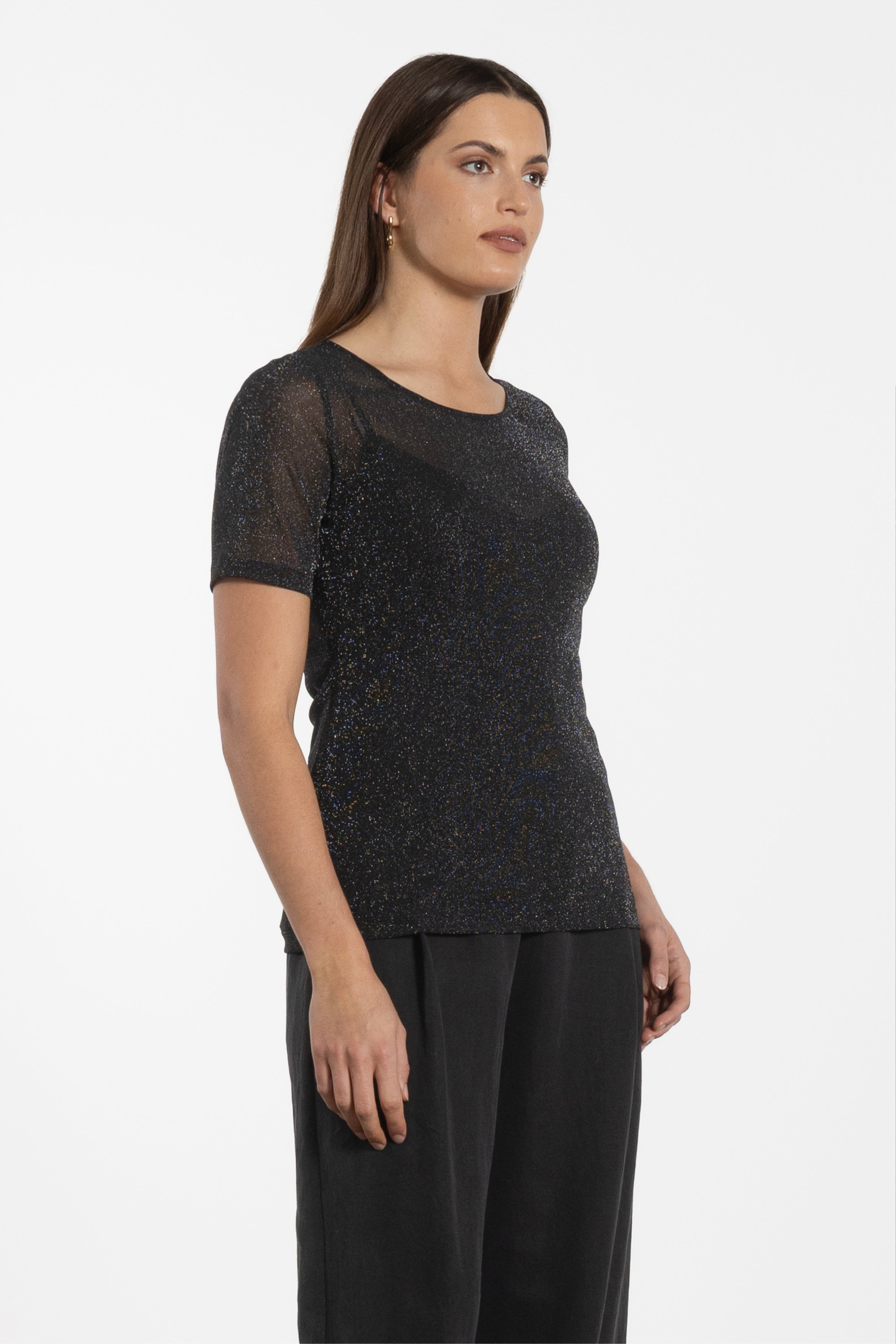 Jen Glitter Short Sleeve Mesh Layering Top