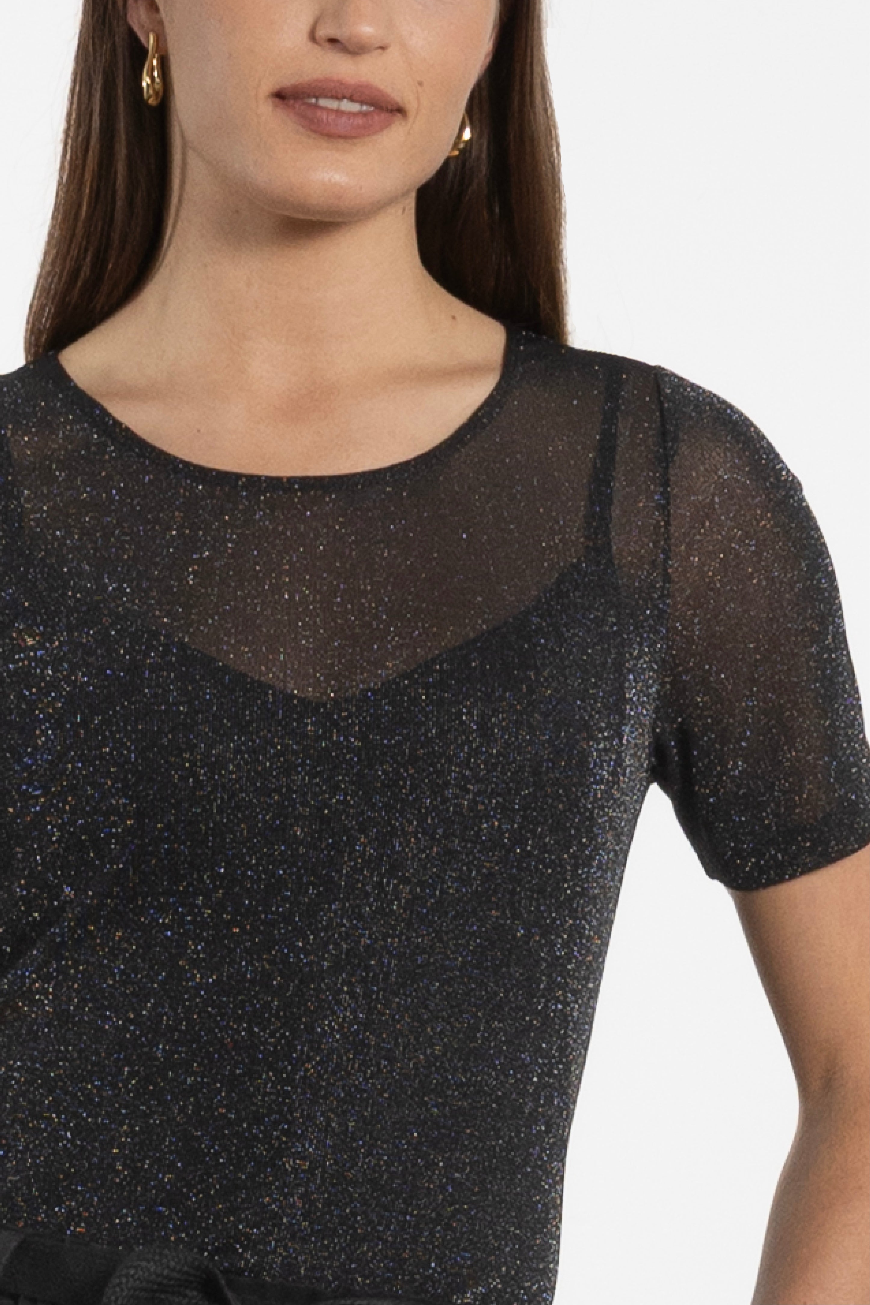 Jen Glitter Short Sleeve Mesh Layering Top
