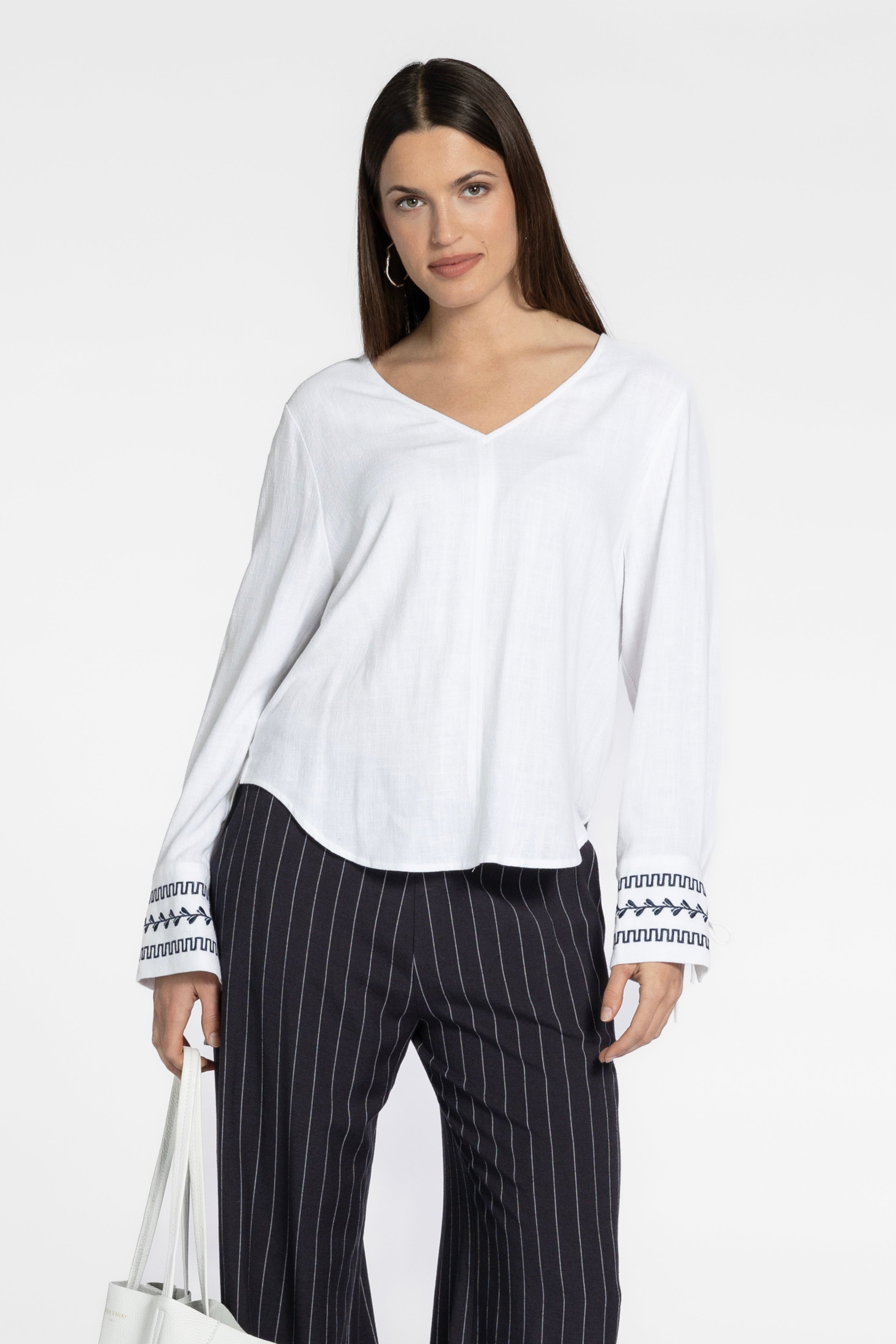 Pathos V-Neck Embroidered Cuff Shirt