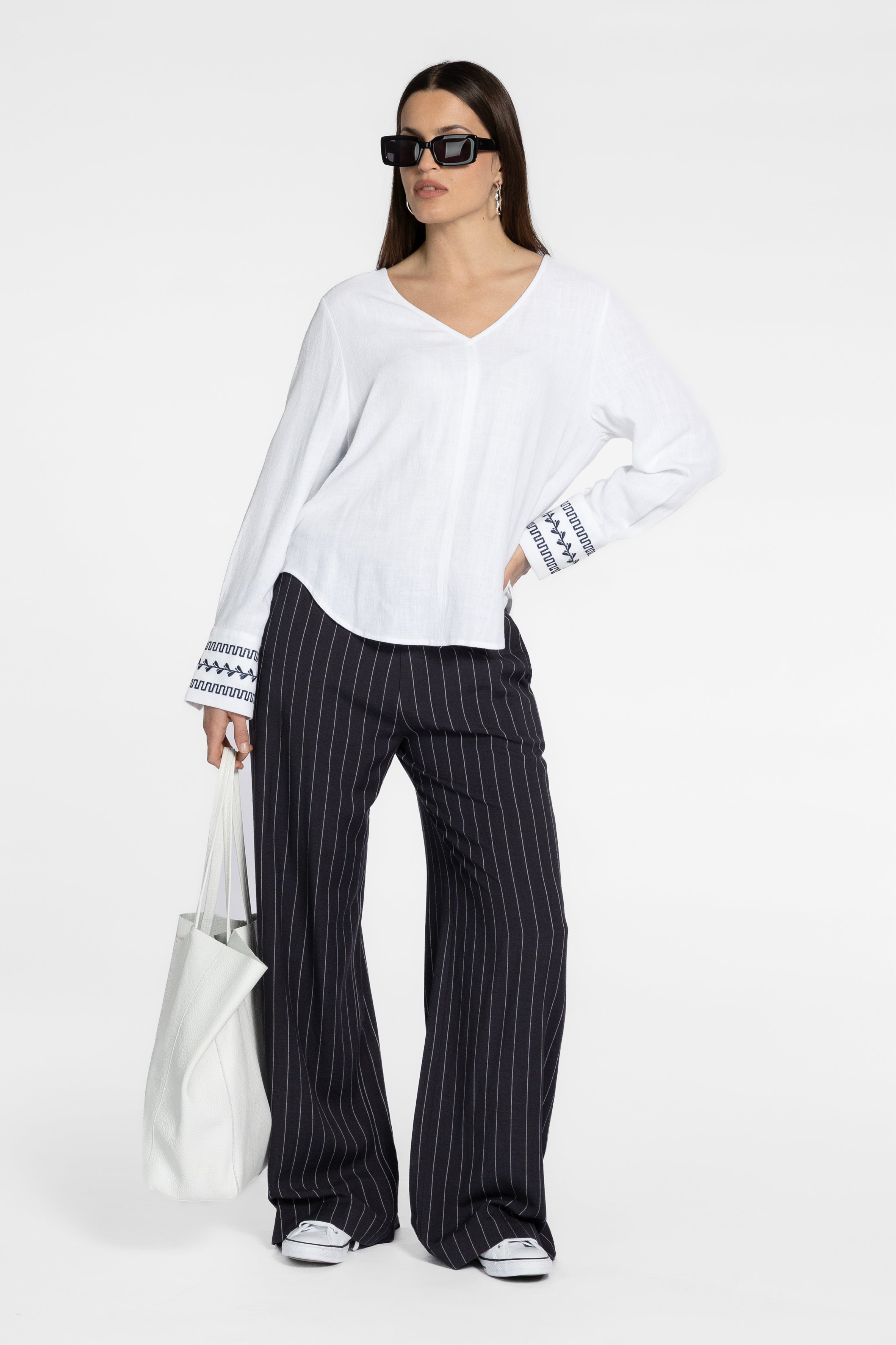 Pathos V-Neck Embroidered Cuff Shirt
