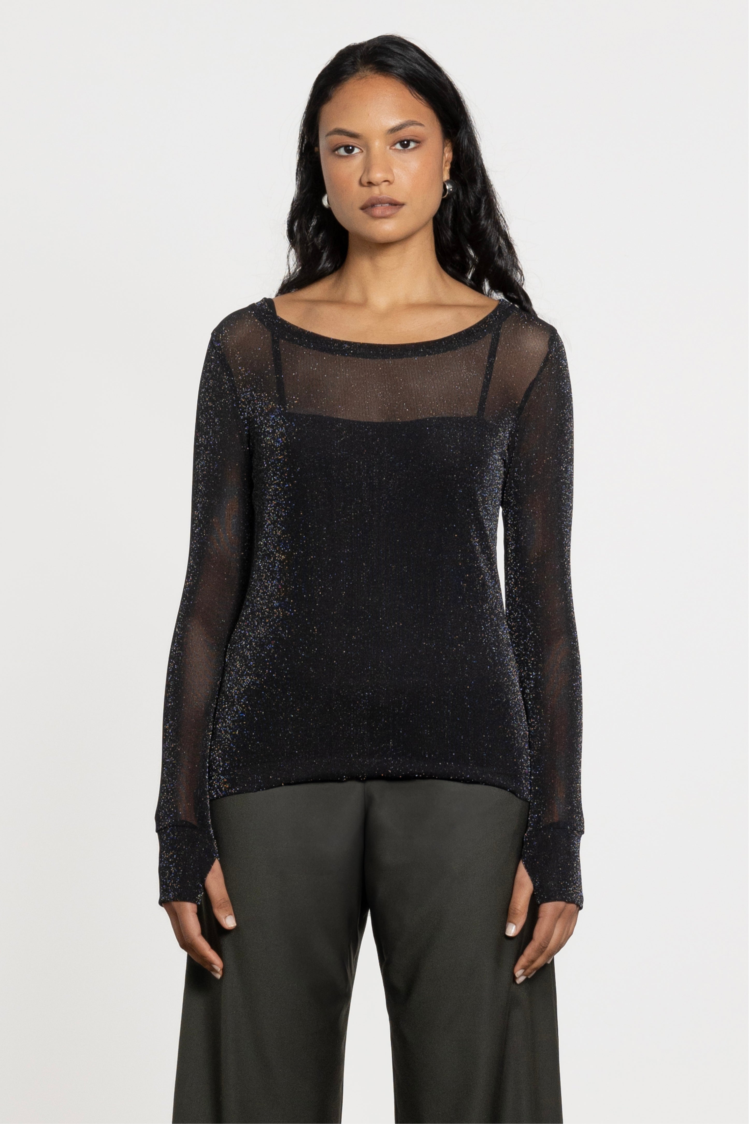 Siri Glitter Long Sleeve Mesh Layering Top