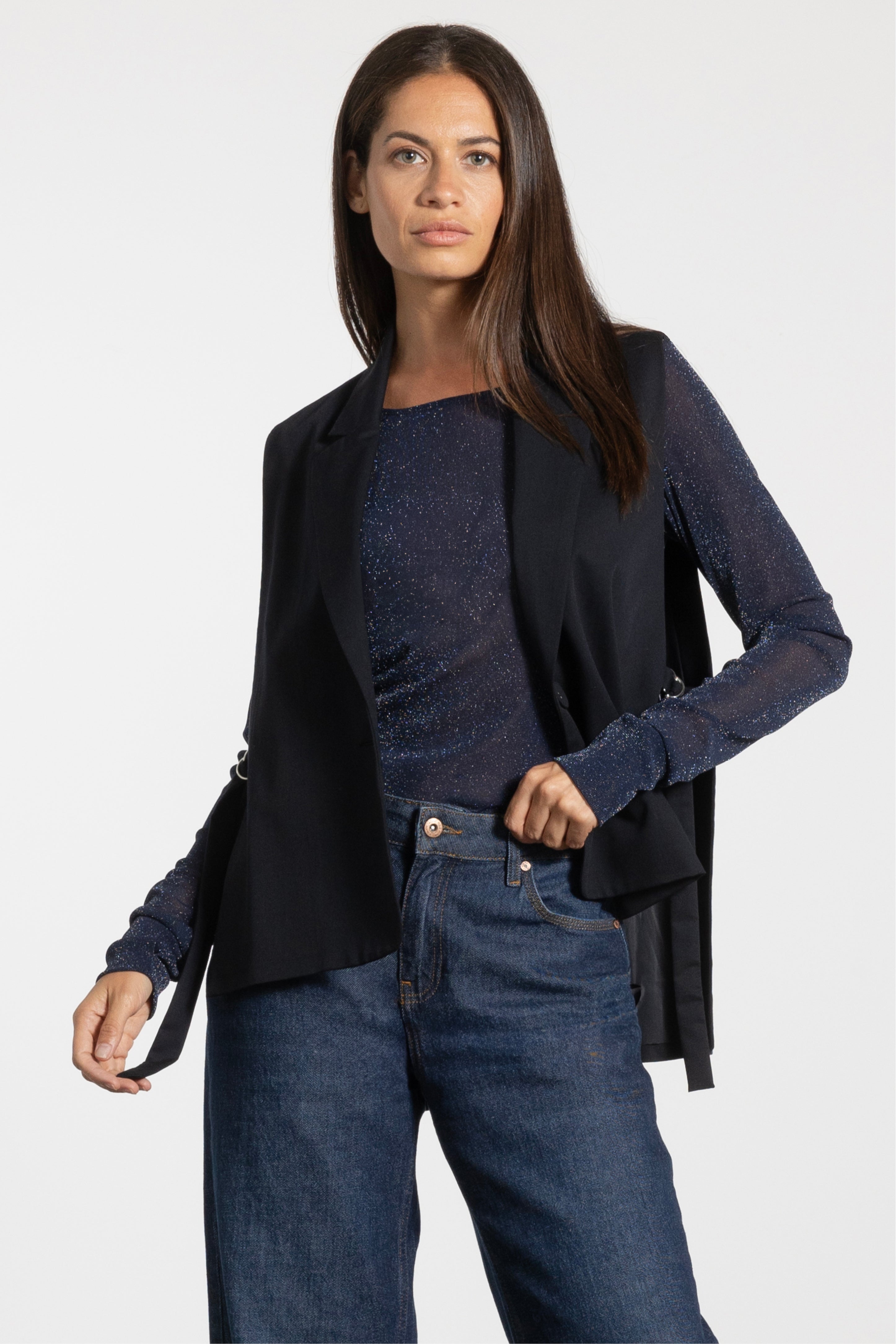Siri Glitter Long Sleeve Mesh Layering Top