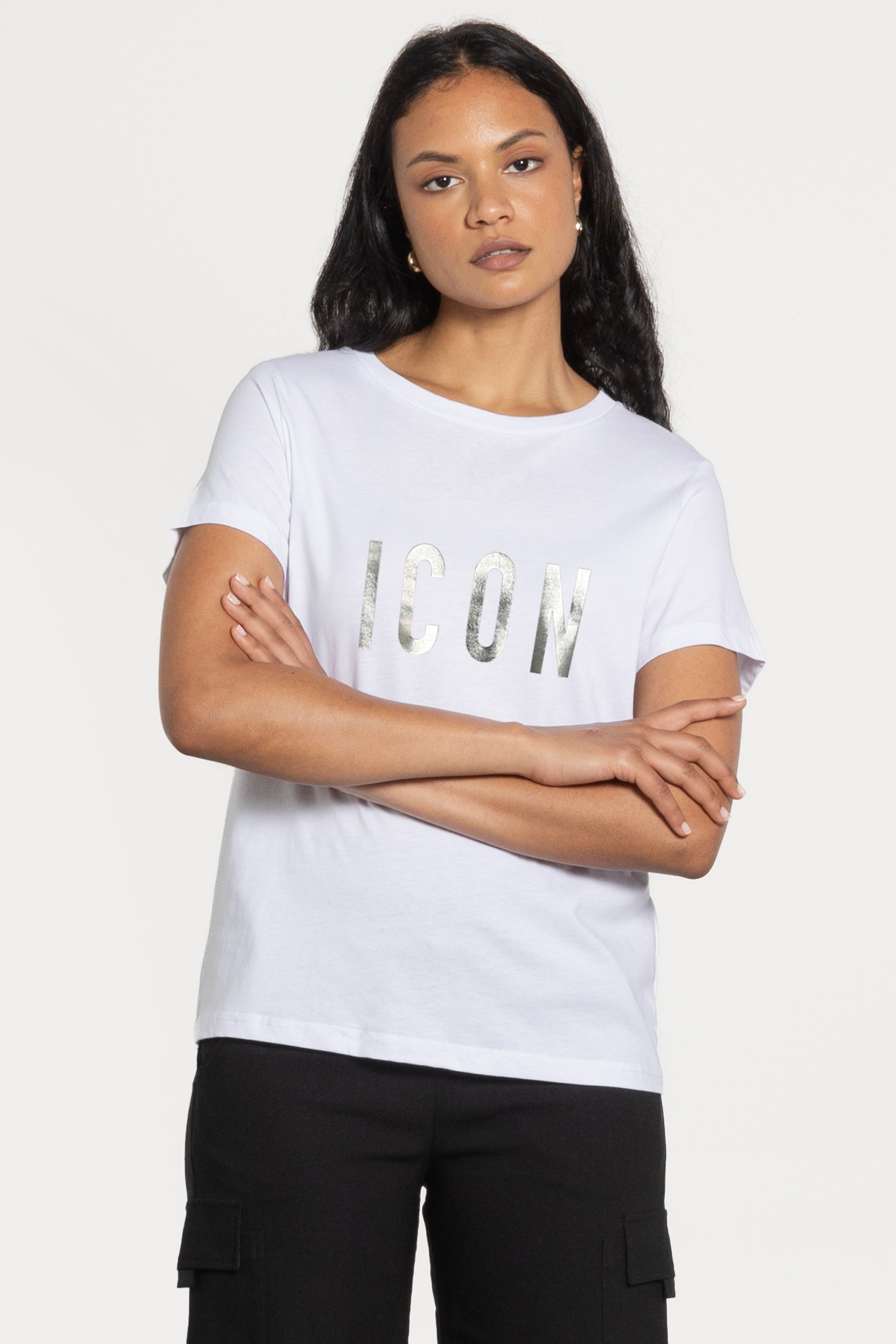 White Tshirt Printed With Silver Icon