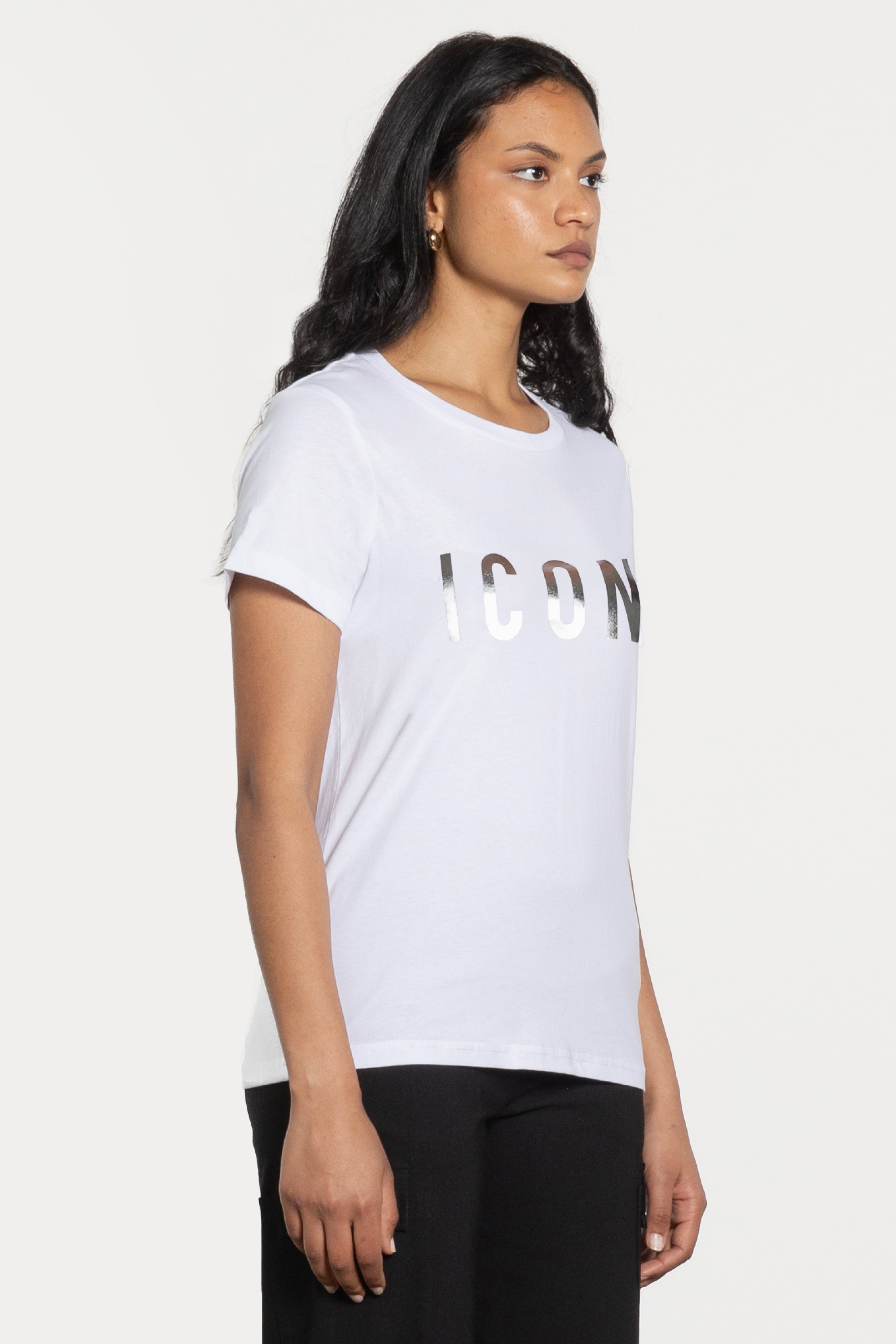 White Tshirt Printed With Silver Icon