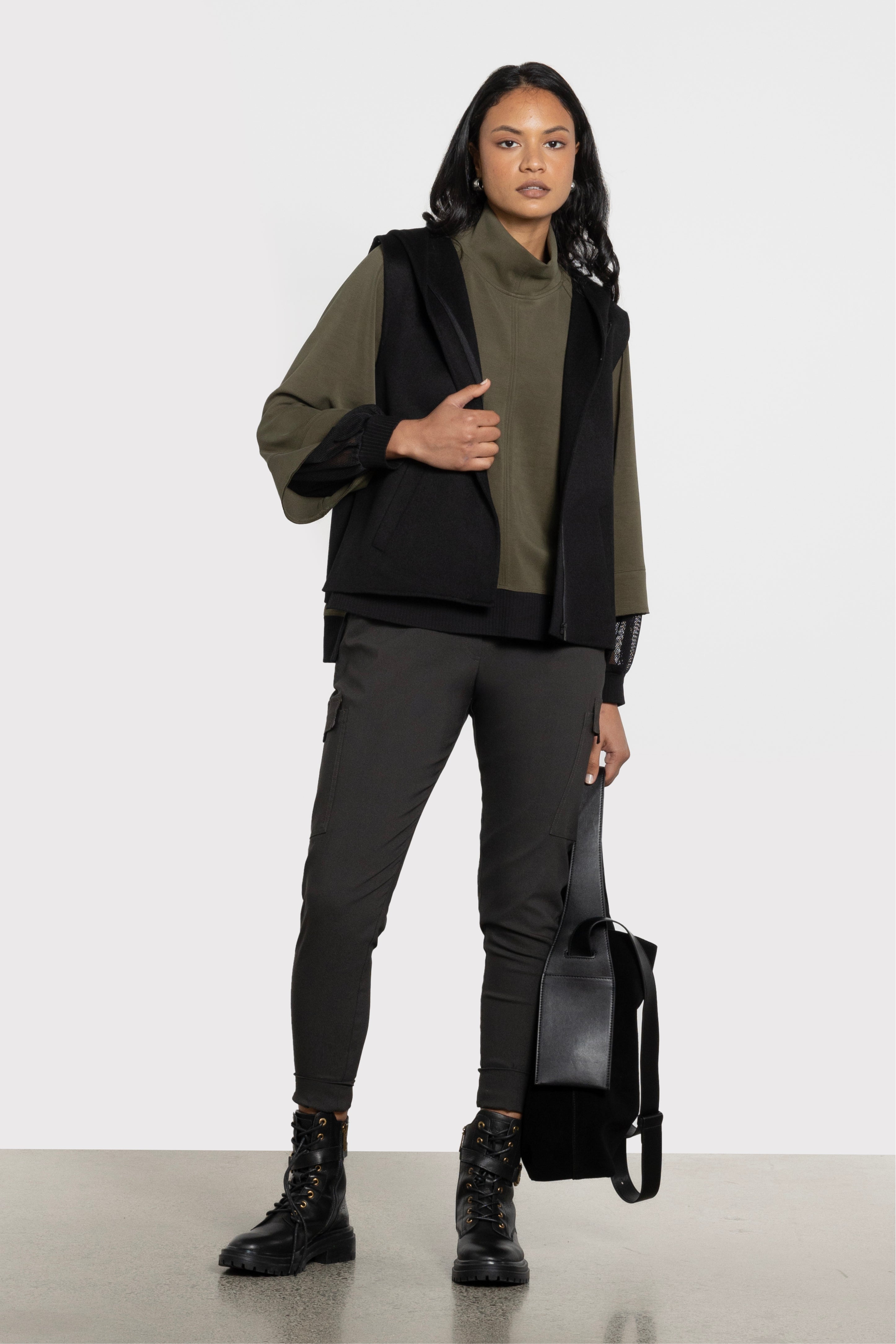Vida Sleeveless Wool Blend Hooded Vest in Black, Neutral