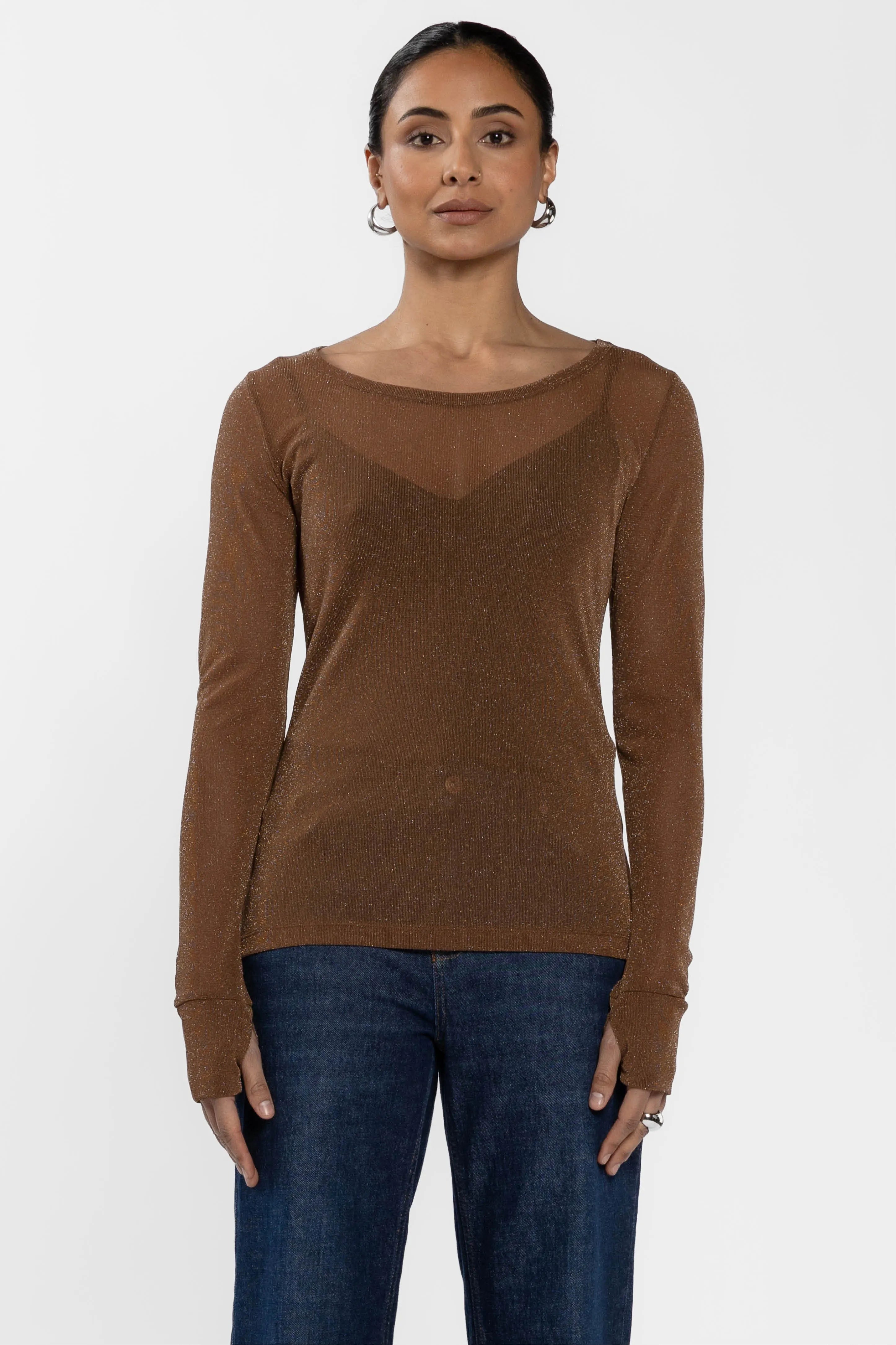 Siri Glitter Long Sleeve Mesh Layering Top