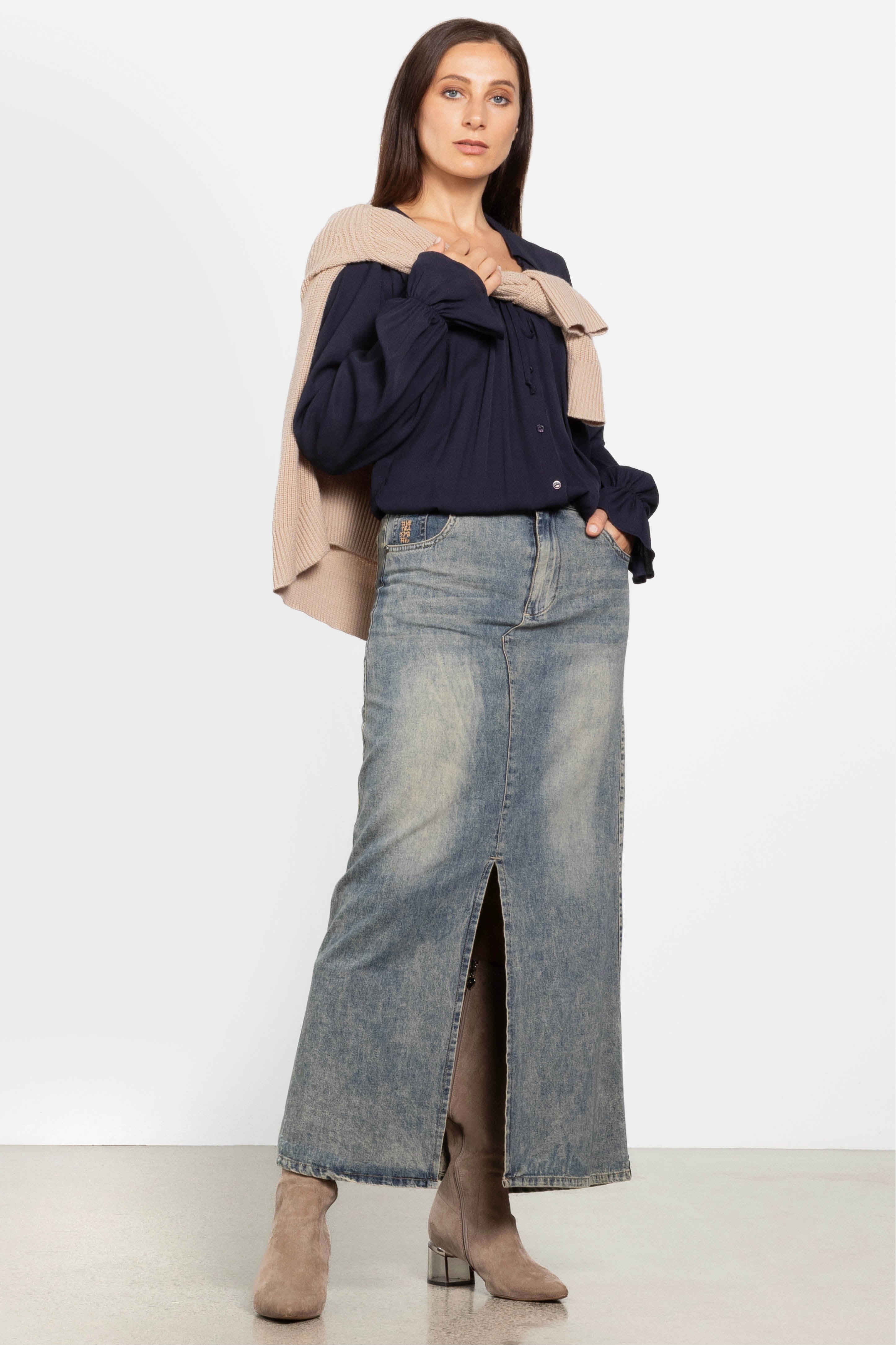 High Waist Denim Column Maxi Skirt in Blue ONE TEASPOON Repertoire