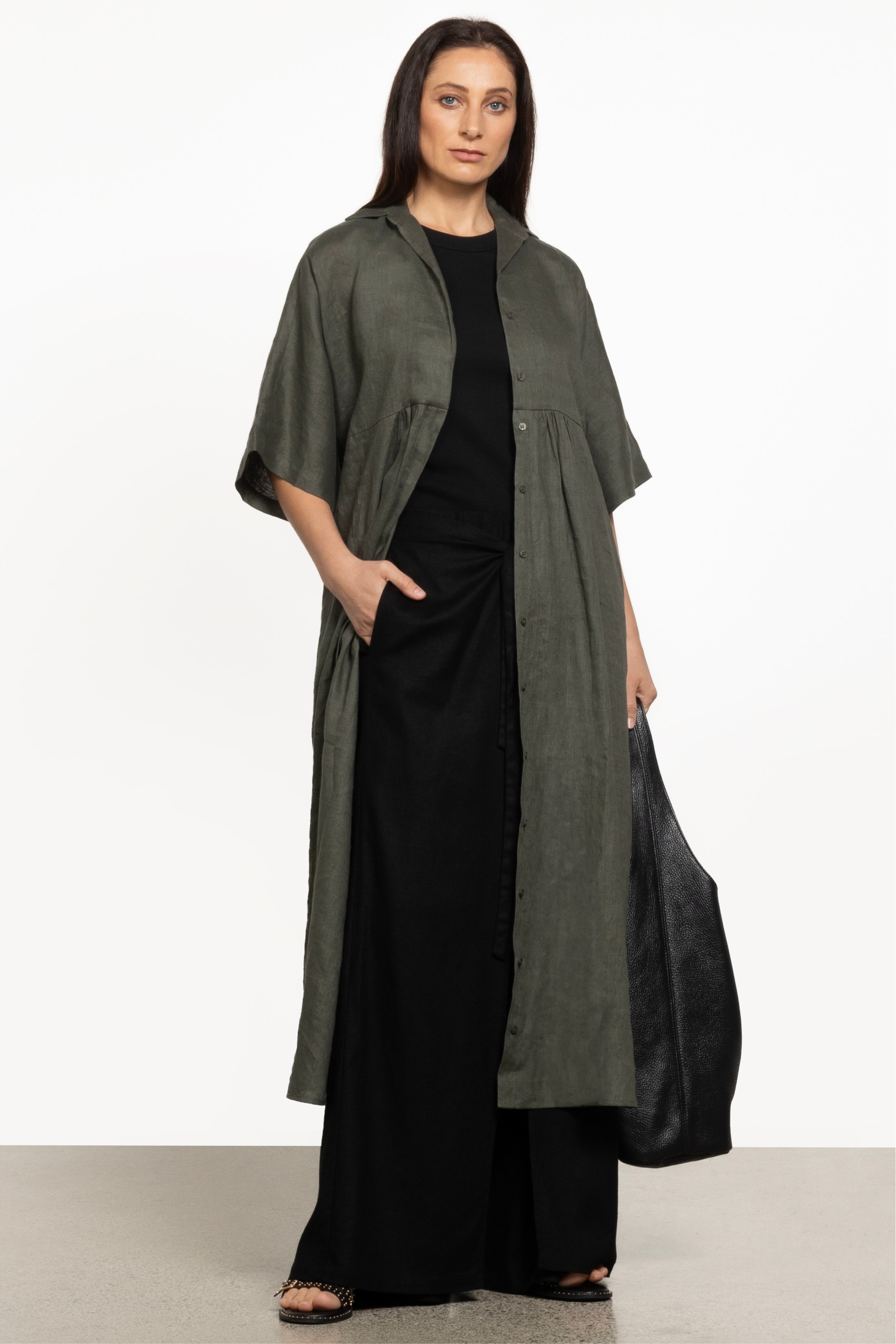 Kerri Maxi Linen Dress in Green REPERTOIRE Repertoire