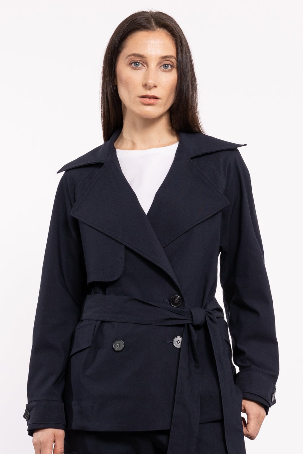 Rory Cropped Trench Coat in Blue | Repertoire