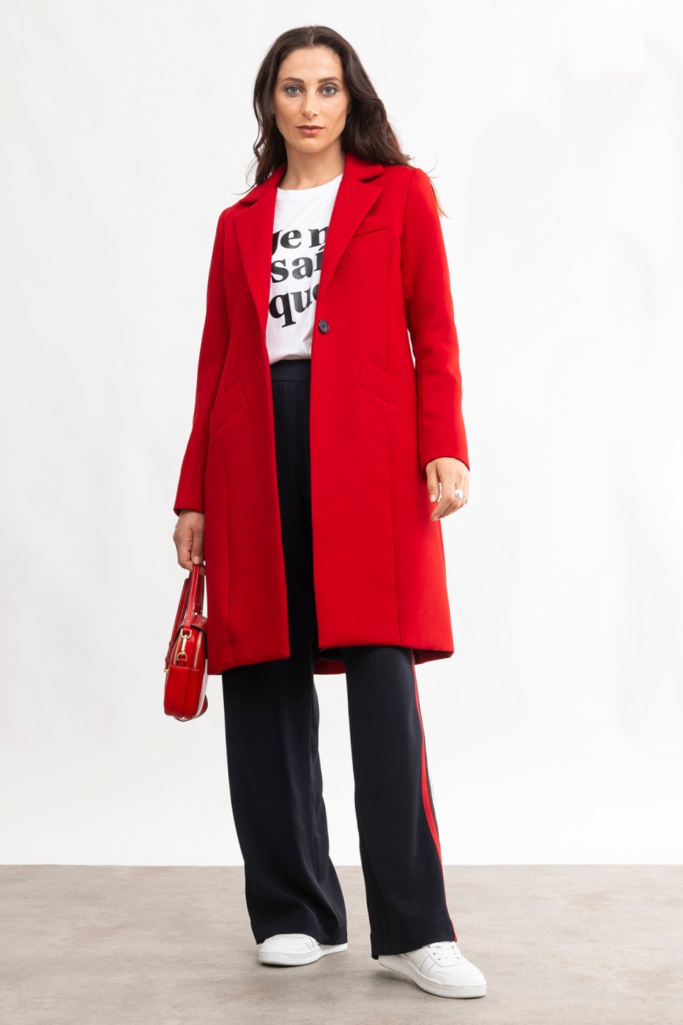 red knee length coat